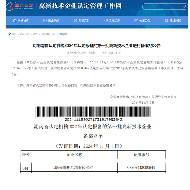 湖南拉斯维加斯3499进入网站电池获评“国家高新技术企业”
